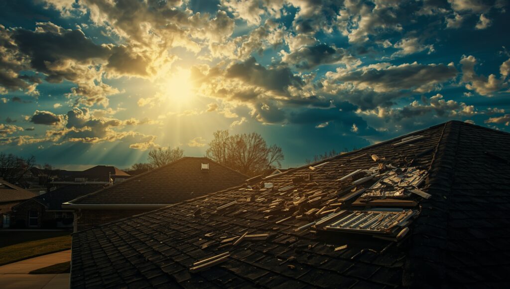A dramatic aerial view of Oklahoma homes after a storm, showing rooftops with subtle damage and clearing skies, symbolizing inspection and recovery.