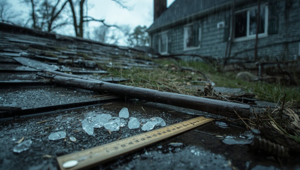 A homeowner documenting roof damage after a storm, photographing hail dents and missing shingles for an insurance claim.