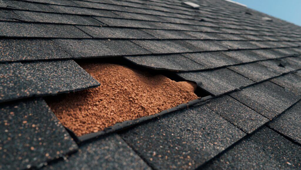 Close-up view of an aging asphalt shingle roof showing missing shingles, curled edges, and surface wear
