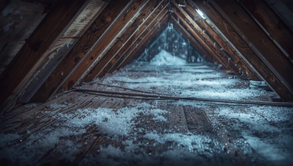 Professional roofer inspecting attic ventilation and insulation inside a residential home