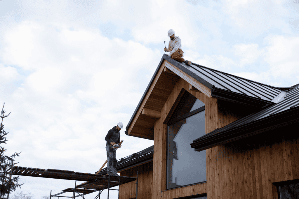 Two construction workers on a wooden house roof: one on scaffolding using a power saw, the other kneeling at the ridge with a hammer.