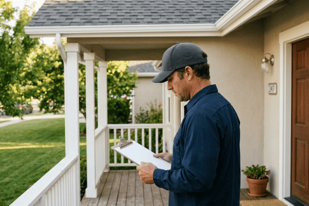 A man in a blue shirt and gray cap stands on a porch, holding a clipboard and inspecting documents for a home inspection.