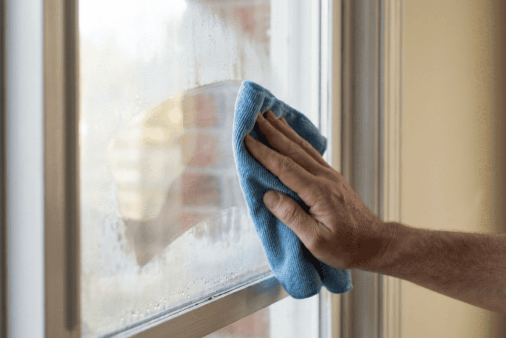 does-it-matter-where-the-fog-forms - Tulsa Roofing | Standard Exteriors & Roofing Person wiping a window with a blue microfiber cloth, cleaning the glass.