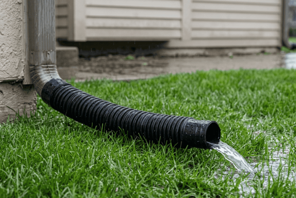 how-to-stop-gutters-from-overflowing - Tulsa Roofing | Standard Exteriors & Roofing Black corrugated drainage hose discharging water onto a green lawn beside a house.