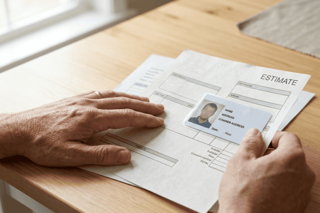how-to-tell-a-legitimate-roofer-from-a-scam - Tulsa Roofing | Standard Exteriors & Roofing Hand with wedding ring places an ID card on a printed estimate form labeled ESTIMATE on a wooden desk