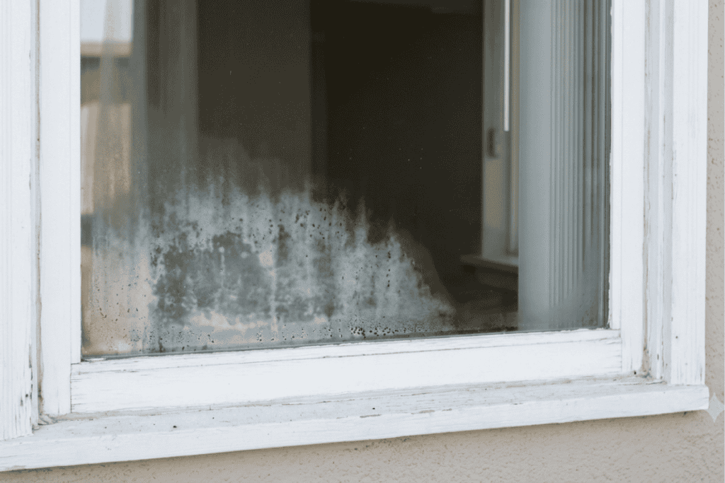 Frosted condensation on a white window pane, obscuring the interior