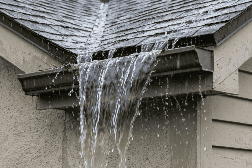 Gutter overflowing with running water spilling over the edge of a beige house roof in rainstorm conditions