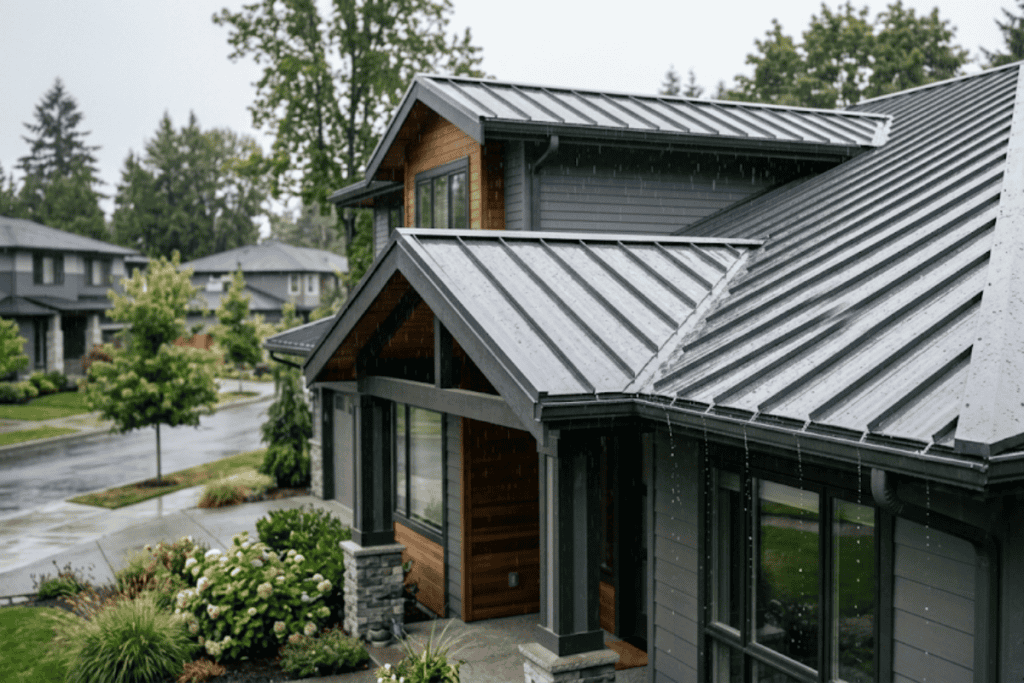 Modern suburban house with a dark metal roof on a rainy day, front porch, and lush garden.