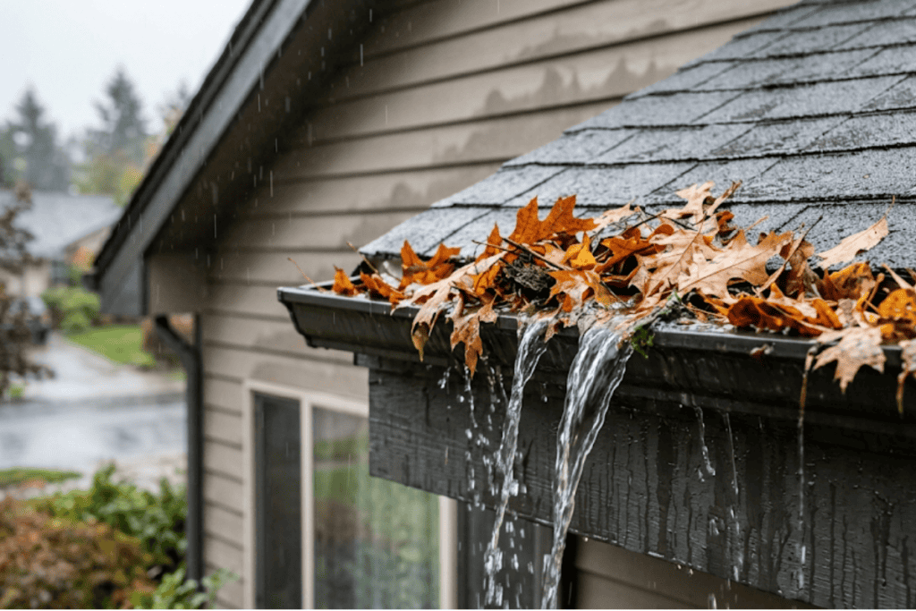Gutter on a house with orange autumn leaves, water overflowing as it rains on the roof.