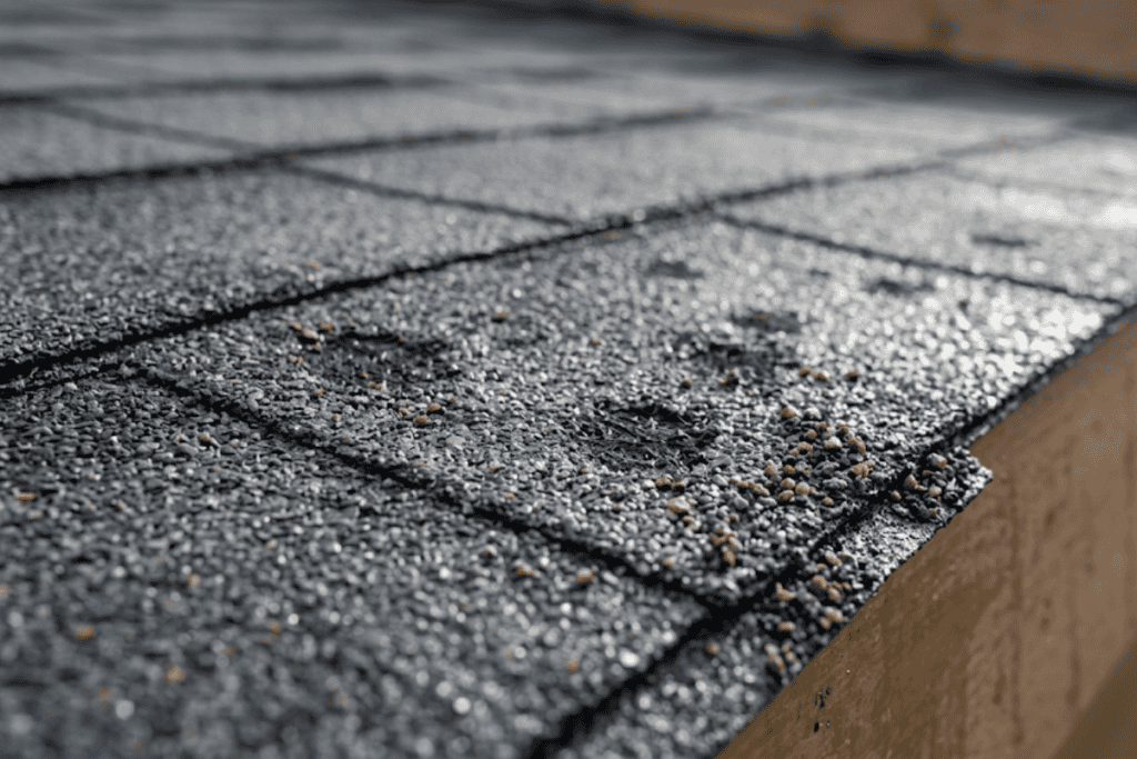 Close-up of asphalt roof shingles with scattered granules and a few small pebbles on the surface.