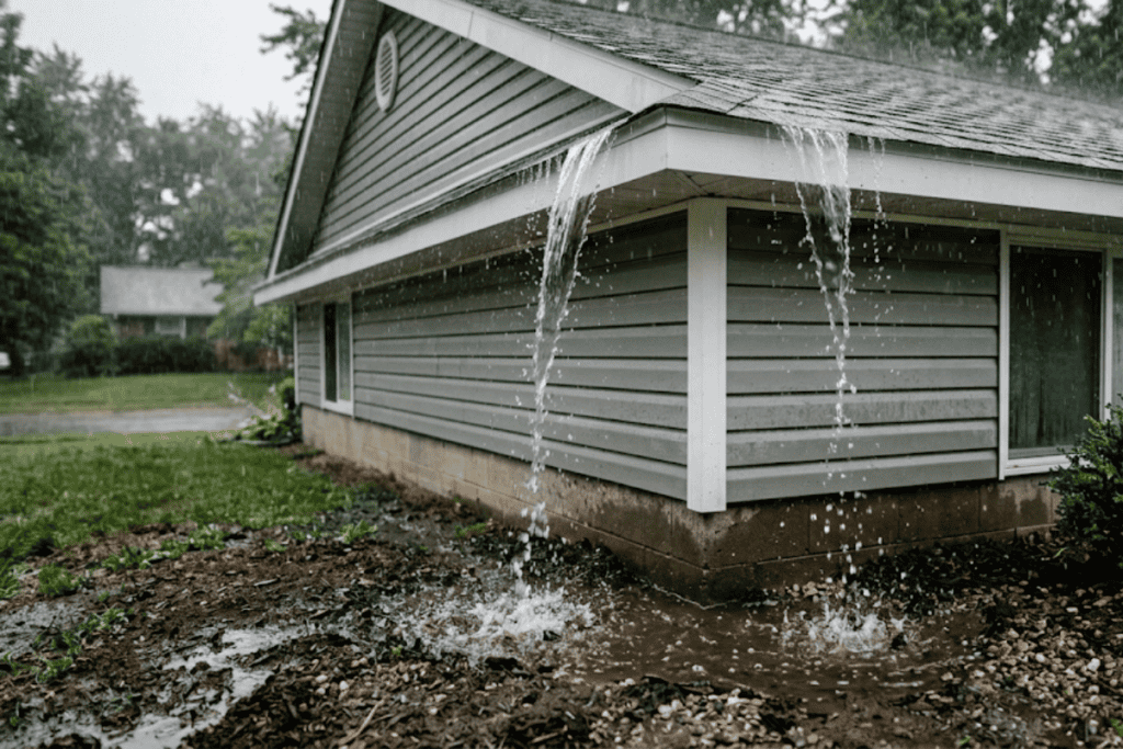 Water pours from the roof gutter of a gray house, flooding the muddy ground near the foundation.