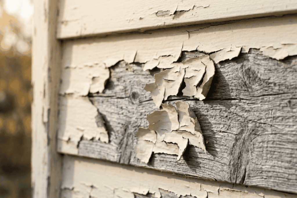 Weathered wooden siding with peeling off-white paint revealing gray wood beneath.