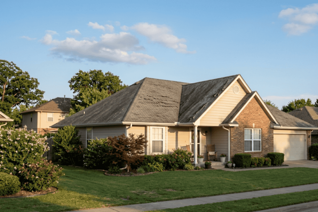 Single-story suburban house with a brick front and beige siding, a manicured lawn, and a flowering garden along the walkway under a blue sky.