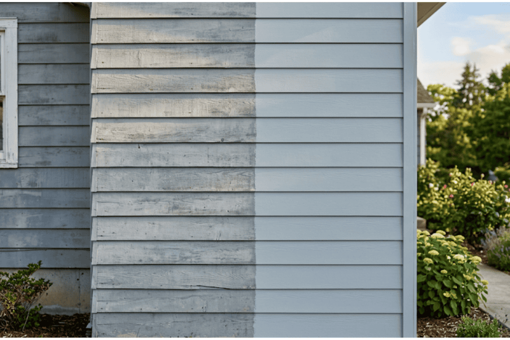 Exterior siding split down the middle: weathered gray on the left and fresh light blue on the right, with garden shrubs visible.