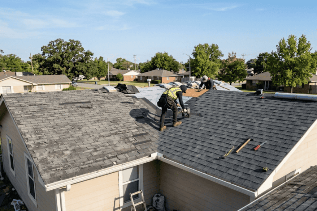 Construction crew installing or repairing shingles on a sloped residential roof, with tools laid out nearby and a clear suburban neighborhood in the background.