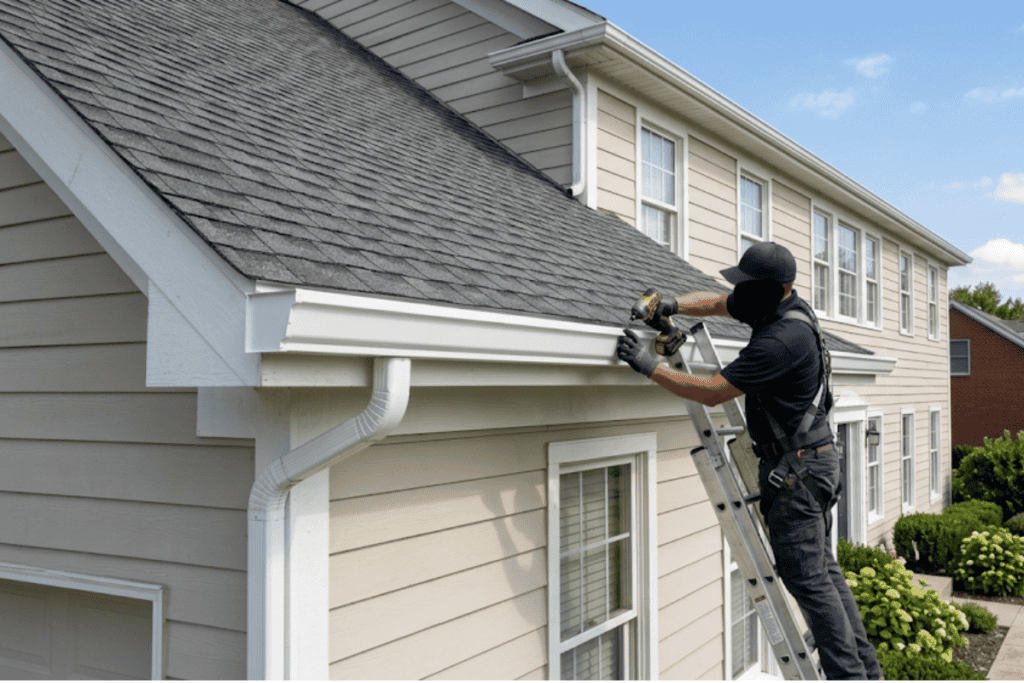 Worker on a ladder installing a white gutter along the roofline of a beige, two-story house.