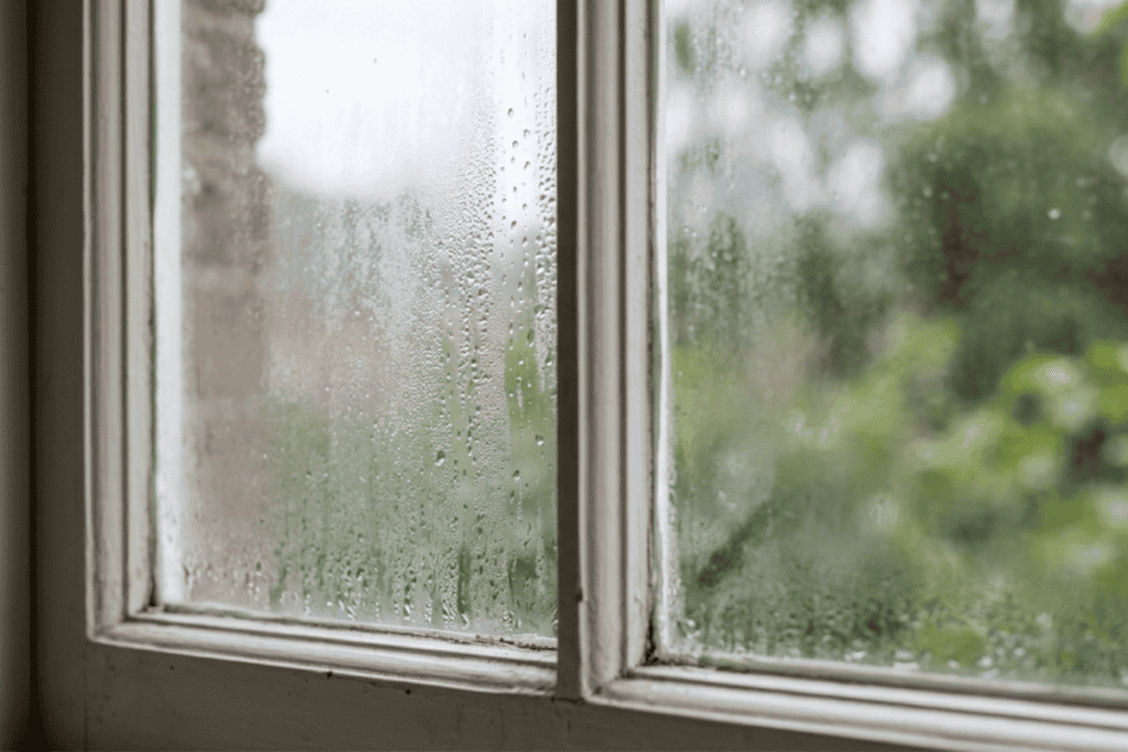 Condensation on a windowpane with droplets, looking out to a blurry garden scene outside.