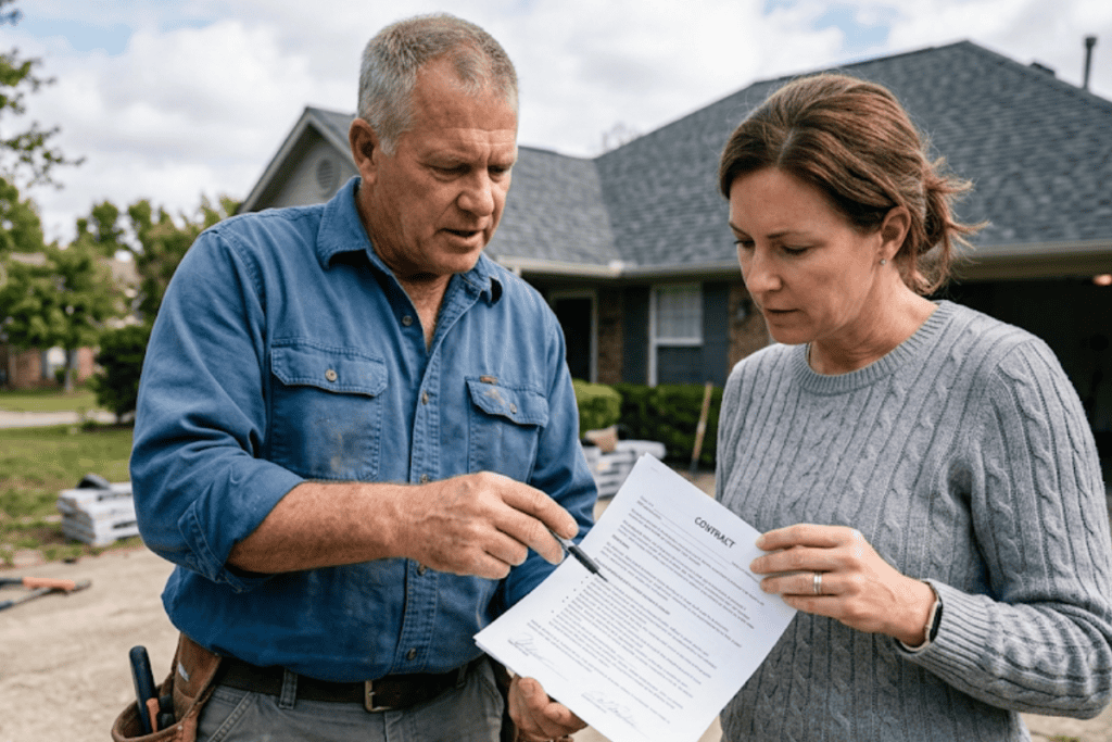 Older couple stands outside a suburban home, reviewing a contract together while the man points to the document with a pen.