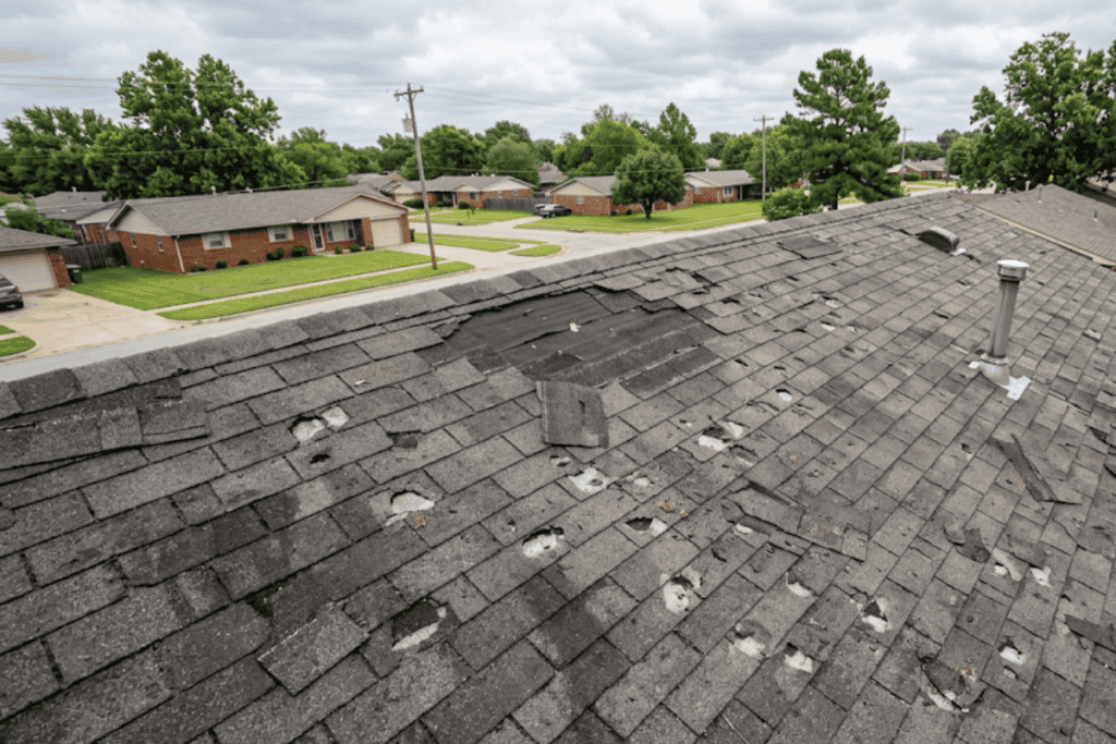 A residential rooftop with many missing and broken shingles, exposing underlayment and scattered debris amidst a suburban neighborhood backdrop.