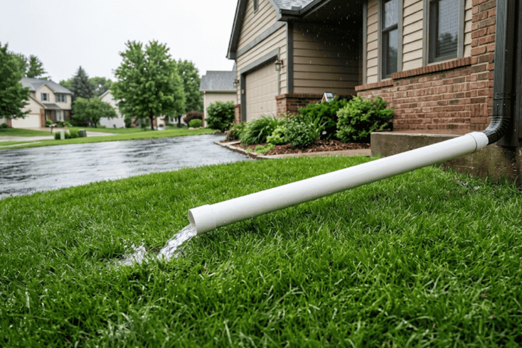 White rainwater downspout extension discharging water onto a green lawn beside a brick house during rain
