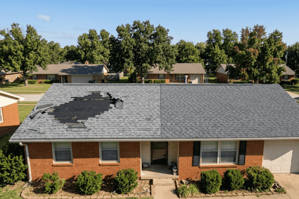 A single-story brick house with a gray shingle roof; the left side has heavy damage with a large hole and missing shingles.