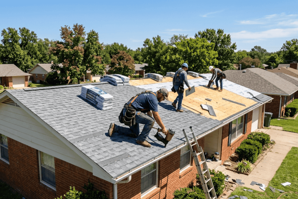 Roofers install new gray shingles on a sunny, single-story brick house with bundles of shingles on the roof edge.