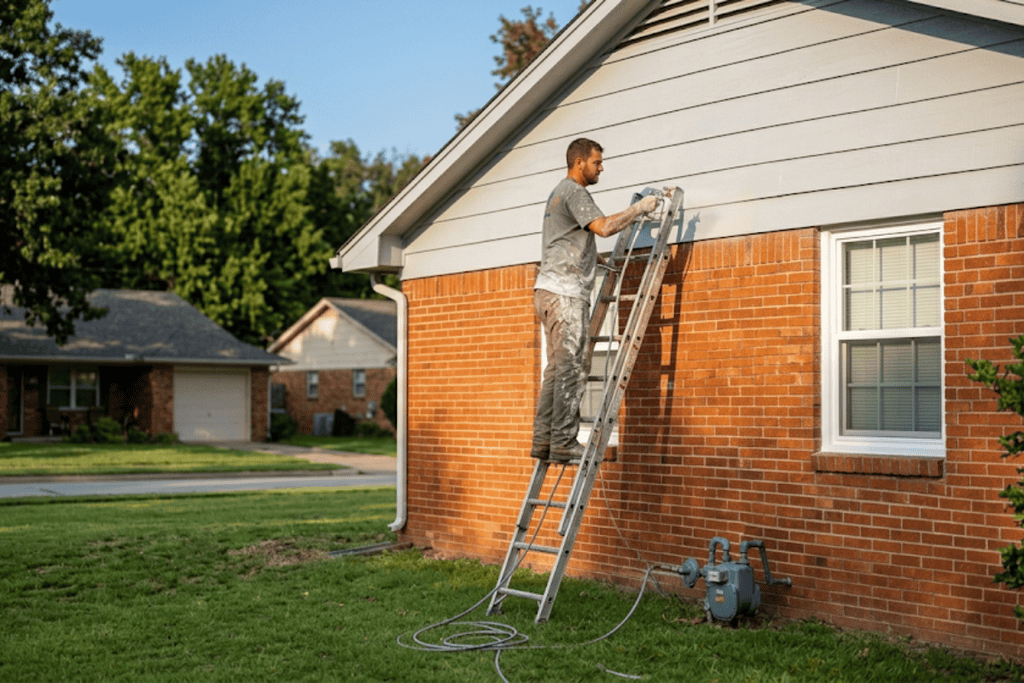 A man standing on a ladder painting the upper exterior wall of a brick house on a sunny day, with a hose on the grass nearby.