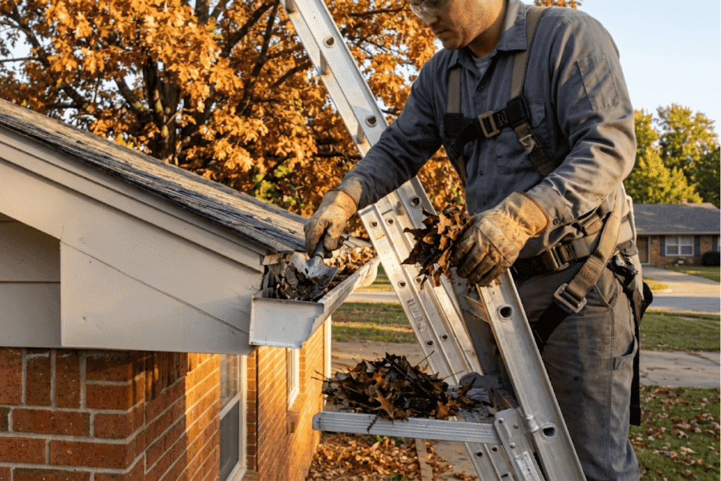 Worker on a ladder clearing autumn leaves from a gutter beside a brick house.