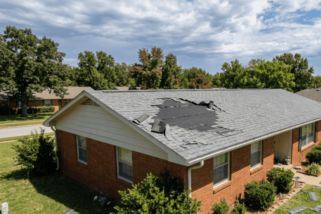 Aerial view of a single-story brick house with extensive damage to the front-right roof, many shingles missing and exposed underlayment.