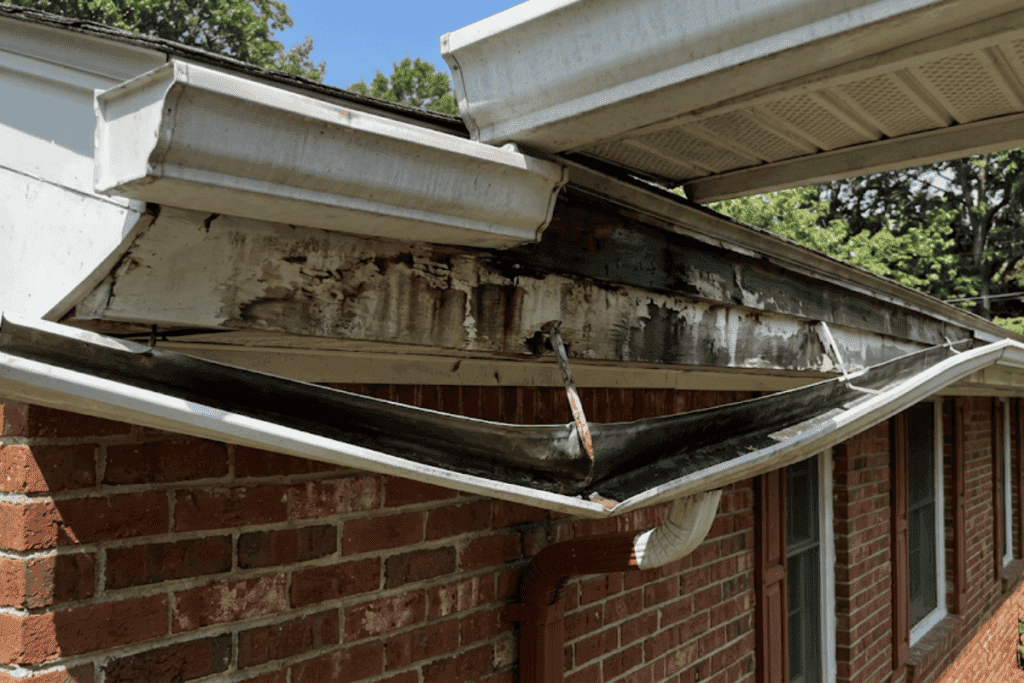 Damage to the roofline: peeling paint, rotted wood, and a torn gutter on a brick house.