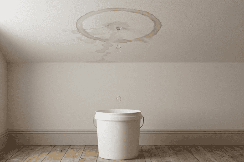 White plastic bucket on a wooden floor catching a ceiling water leak in an empty room.