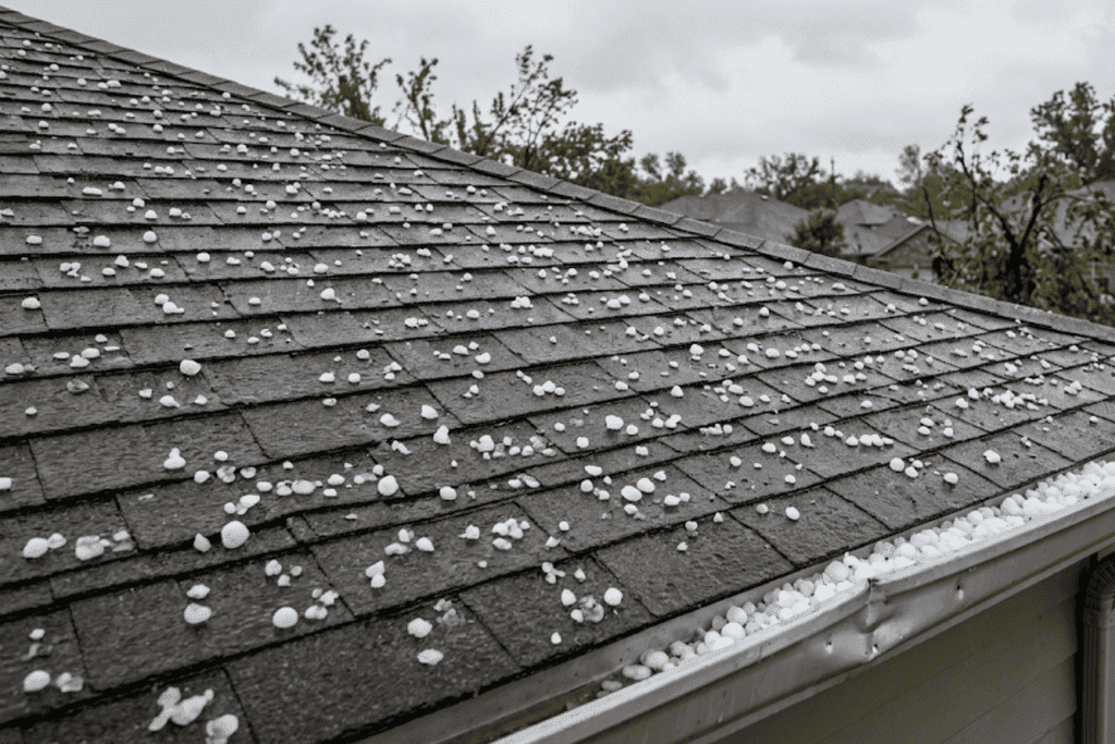 Residential roof covered with numerous white hailstones after a storm on gray shingles, overcast sky in the background.